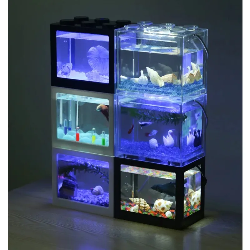 Betta Fish Tank - ミニLEDデスクトップ水族館水槽ランプ,オルテタ,シミュレーションシリンダー,小さな創造的な水槽のブロック,1l