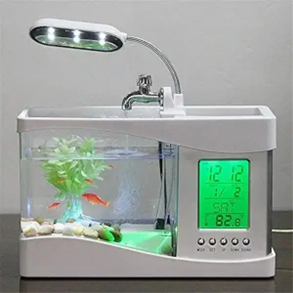 Aquarium Light - ウォーターランニングポンプ付き水族館ミニ水槽、カレンダー時計ライト、ペンホルダー機能、充電式デスクトップ