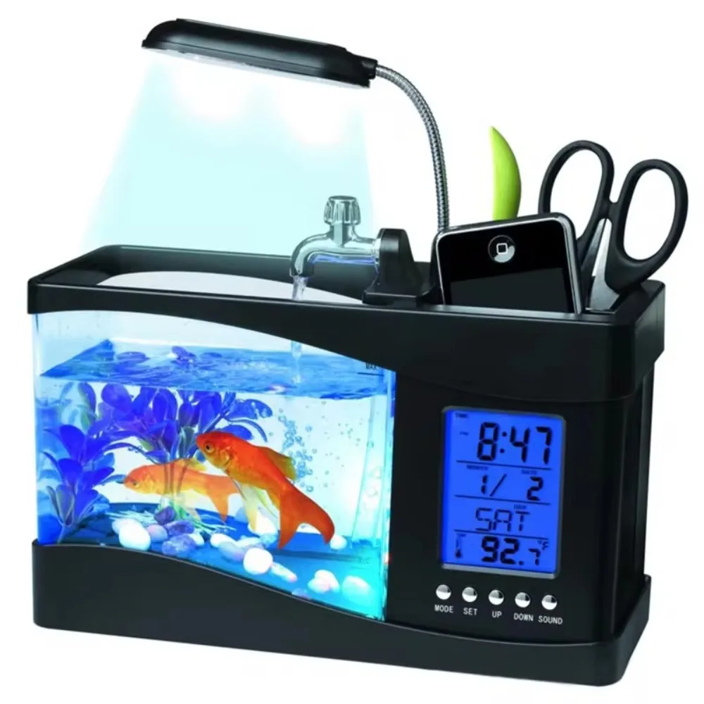 ウォーターランニングポンプ付き水族館ミニ水槽、カレンダー時計 - Aquarium Light のレビューと価格