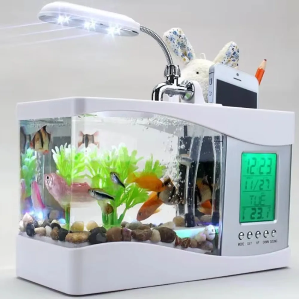 ウォーターランニングポンプ付き水族館ミニ水槽、カレンダー時計 - Aquarium Light のレビューと価格