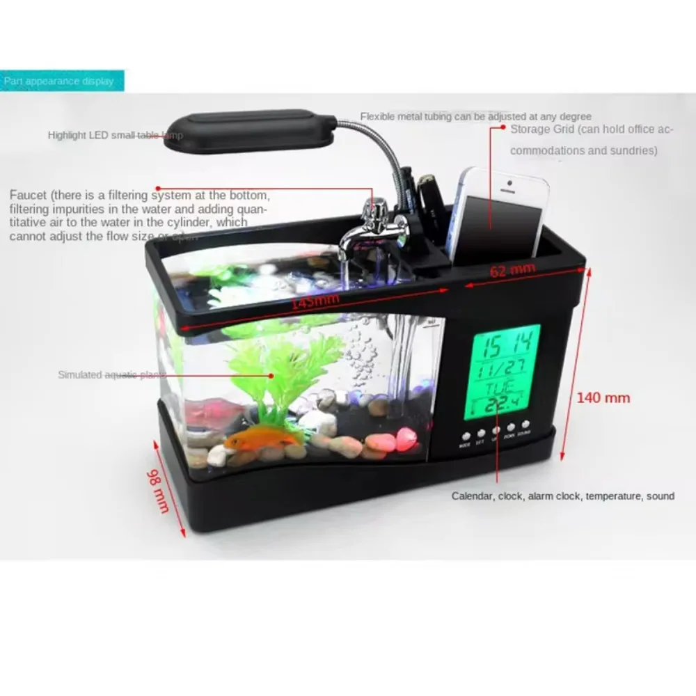 ウォーターランニングポンプ付き水族館ミニ水槽、カレンダー時計 - Aquarium Light のレビューと価格